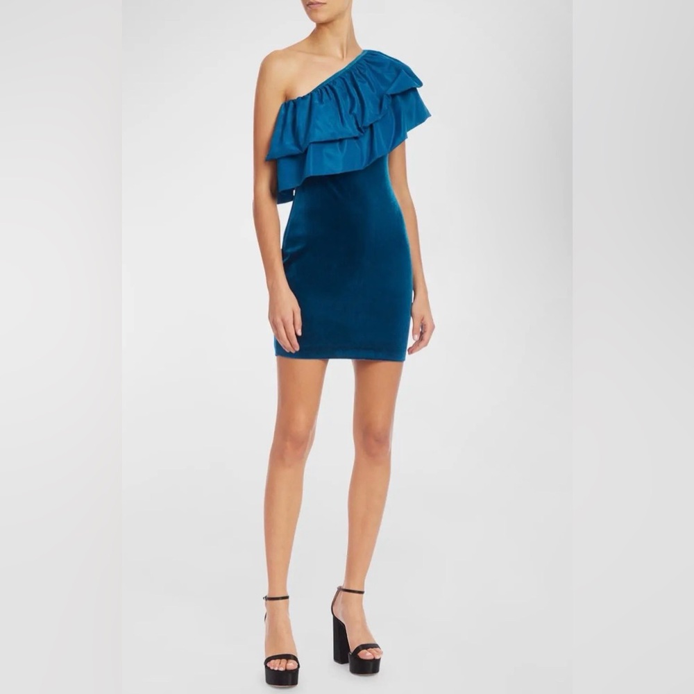 ONE33 SOCIAL 
One-Shoulder Ruffle Velvet Mini Dress